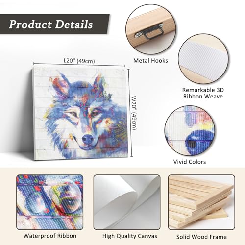 Blue Wolf Wall Art Canvas - Handmade Ribbon 20x20 Framed Animal Decor