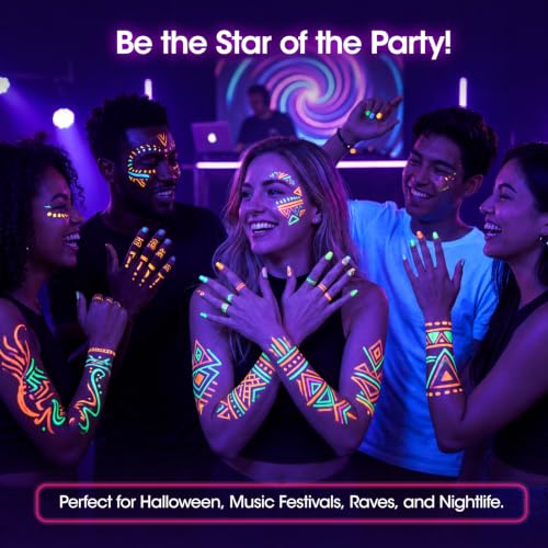 Glow Face & Body Paint Pens - Neon UV Reactive, Skin Safe, Washable, Quick-Dry