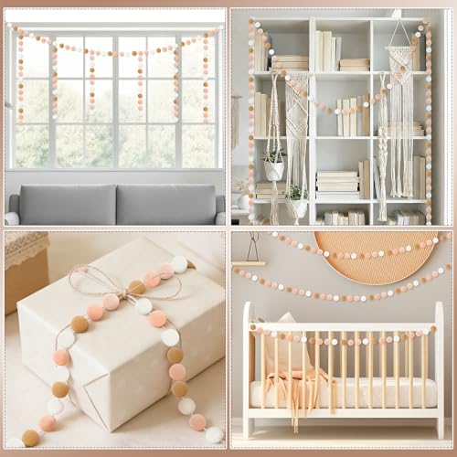 Boho Pom Pom Garland Set - Felt Ball Decor, 8M Length, 4 Strings, Stylish Party & Home Decoration