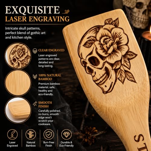 Skull Wooden Cooking Spoons Set - Gothic Halloween Kitchen Utensils, 5-Piece