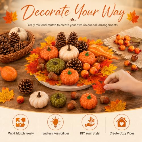 Fall Decor Set with Artificial Pumpkins Gourds and Leaves - Orange & Brown, 96 Pieces