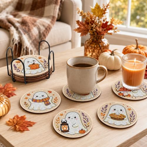 Halloween Ghost Diamond Art Coasters Set with Holder - Wooden DIY Fall Table Decor