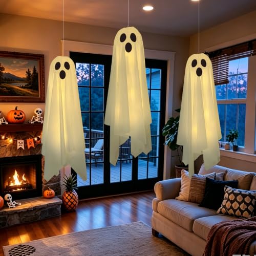 Halloween Ghost Decor Light-Up Hanging Ghosts - 3 Pack, Spooky Outdoor Decor with Fairy Lights