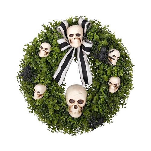 Halloween Front Door Wreath 20 Inch Faux Boxwood Skull Spider Decor