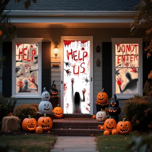 Halloween Bloody Door Cover and Window Decal Set - Spooky Party Decor