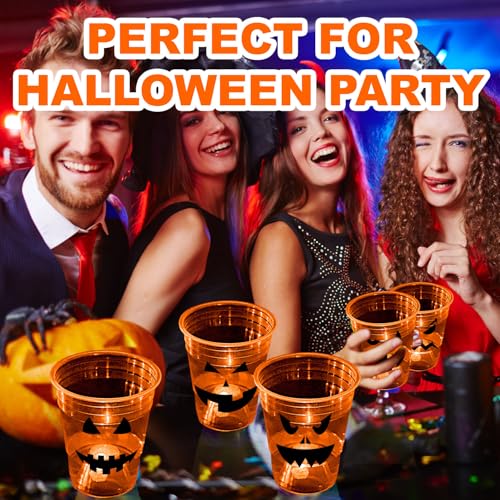Halloween Glow Pumpkin Party Cups - 40 Pack 16oz Reusable Orange Plastic Cups with LED Lights