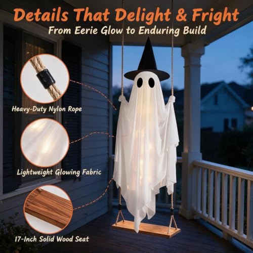 5 FT Hanging Ghost Halloween Decor with Witch Hat, LED Lights & Remote, Outdoor Indoor Yard Tree Porch Ornament - 1pc