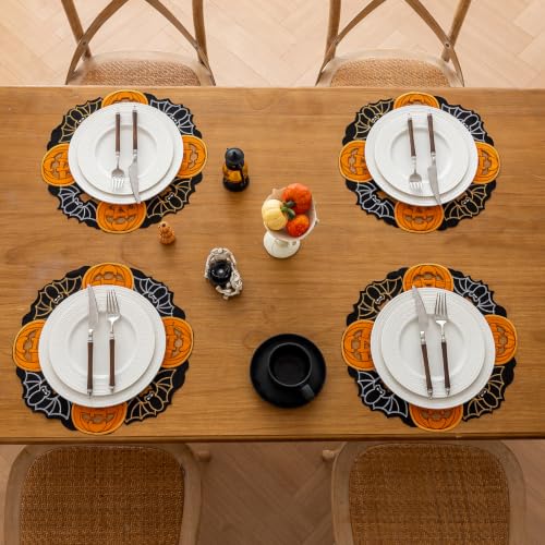 Halloween Placemats Set of 4 - Bats & Pumpkins Embroidered Table Mats, 14 Inch Round