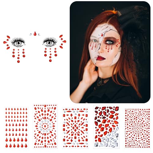 Self-Adhesive Face Gems Set for Halloween & Festivals - 5 Sheets Red & White Rhinestones for Body & Face Makeup