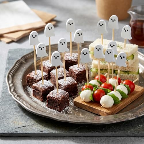 100PCS Halloween White Ghost Cocktail Picks - 4.7 Inch Food Skewers - Ghost Theme