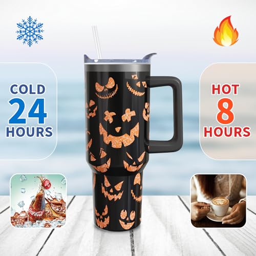 Halloween Pumpkin Face 40oz Insulated Tumbler Cup with Handle & Straw - Variation 01