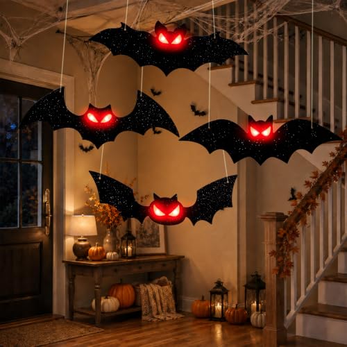 Lighted Halloween Bats Decor - 4PCS Outdoor Indoor Hanging Bat Set - Red Variation