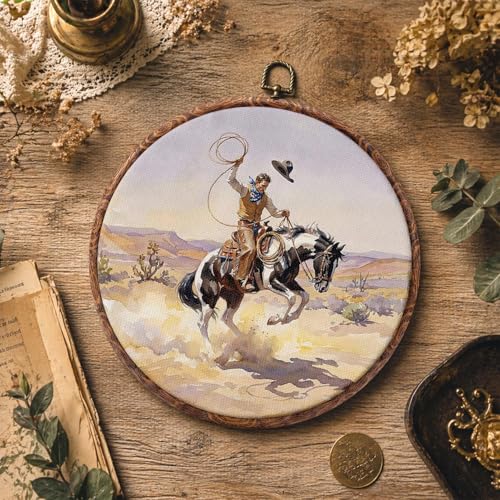 Western Cowboy Round Wall Art Decor 10x10 Inch Framed Print - Rustic Horse Scene