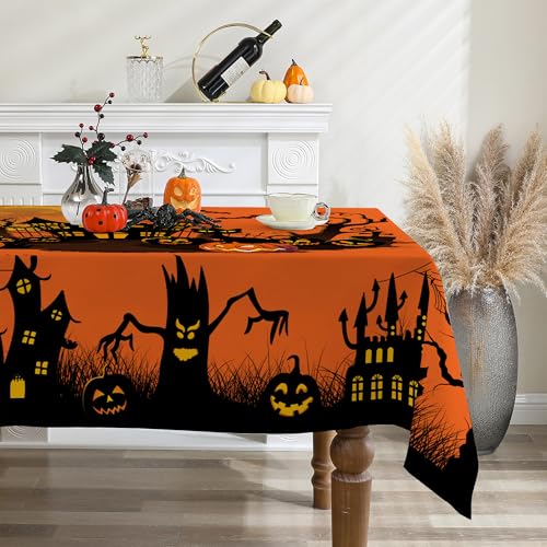 Halloween Square Tablecloth 52x52 Inches with Jack's Lantern Design - Orange Castle Variation
