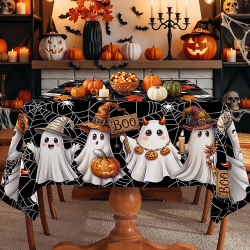 Halloween Ghost Black Rectangular Tablecloth 60 x 102 Inches - Spider Web & Ghost Design