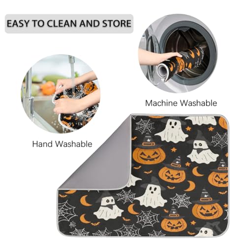 Halloween Dish Drying Mat for Kitchen Counter 18x24 in Pumpkins Ghost Bats Pattern - Absorbent Non Slip Kitchen Mat, Halloween Themed