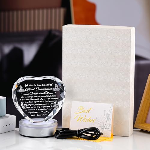 First Communion Gifts for Boys & Girls - 3D Engraved Crystal Praying Boy & Virgin Mary Figurine with Heart Variation