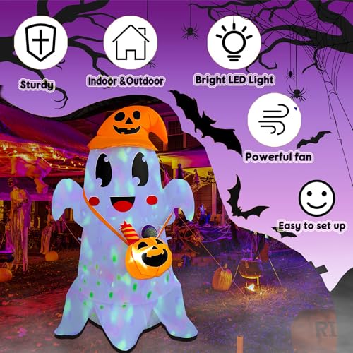 5FT Halloween Inflatable Ghost with Witch Hat and Pumpkin Candy Can with LED Light