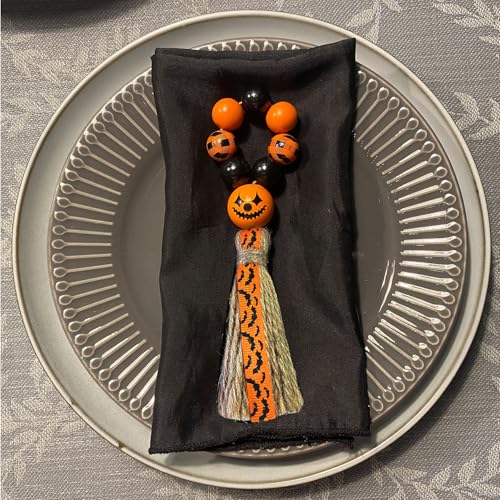 Halloween Napkin Ring Set of 12 with Wooden Beads and Jute Tassels