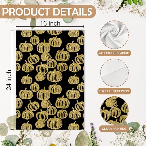 Fall Hello Pumpkin Black Kitchen Towels Set - Gold Pumpkin Decor, 16x24 Inch