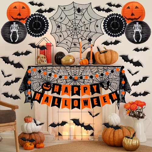 Halloween Decorations Indoor Set with Paper Lanterns Bat Stickers Banner & Mantel Scarf
