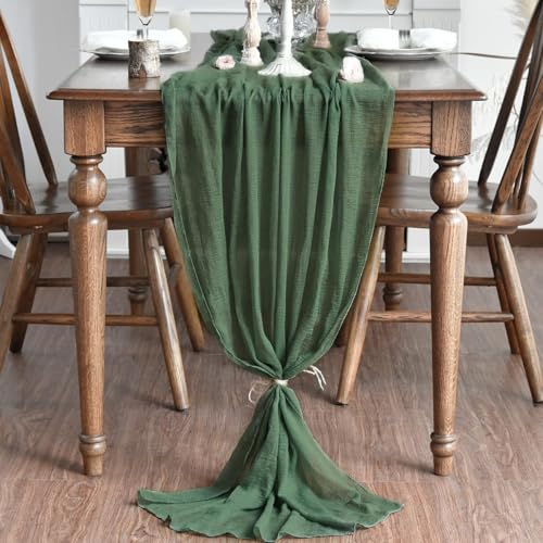 160-Inch Forest Green Boho Cheesecloth Table Runner for Wedding & Holiday Decor