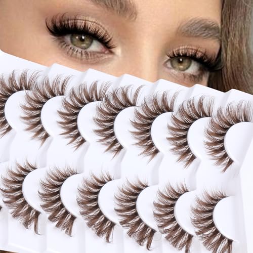 Wispy Brown Cat Eye False Eyelashes - 11-18mm Full Strip, CD Curly, 7 Pairs, B.wispy Style