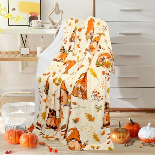 Autumn Fall Blanket Gnome Pumpkin Leaves Cream Cozy Throw 50x60in