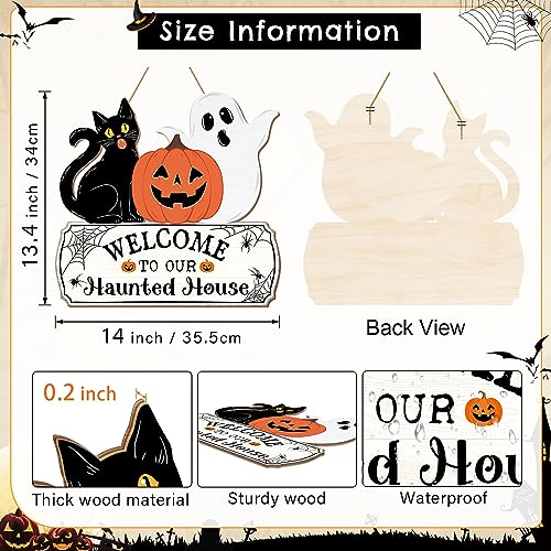 Halloween Door Hanging Sign - Welcome Ghost, Black Cat, Pumpkin Wood Decor for Haunted House & Party