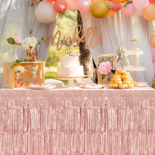 2 Pack Rose Gold Foil Fringe Table Skirts for Party Decorations - 29.5x108 Inch