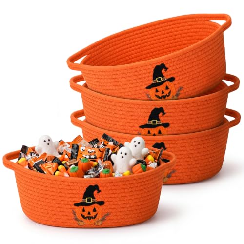 Halloween Pumpkin Basket Set - Woven Cotton Rope Storage Bins with Handle - Orange Witch Hat Design, 12x8x5 Inches - Variation of Pumpkin