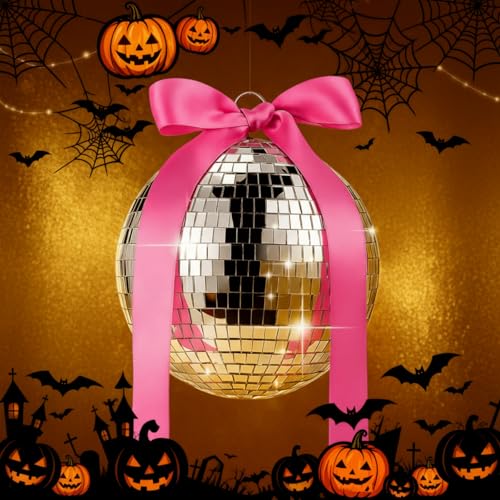 7 Inch Mirror Disco Ball with Pink Bow - Retro Party Decor for Events & Home