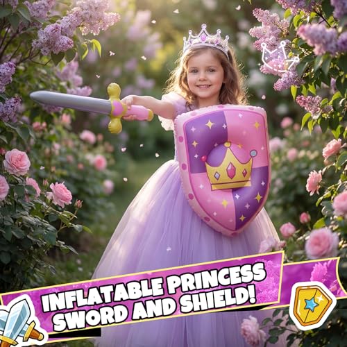 Princess Knight Inflatable Sword & Shield Set - 4 Pcs for Party, Pink, Princess Variation