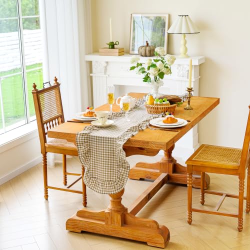 Brown and White Gingham Ruffled Table Runner 14x72 Inch Farmhouse Decor