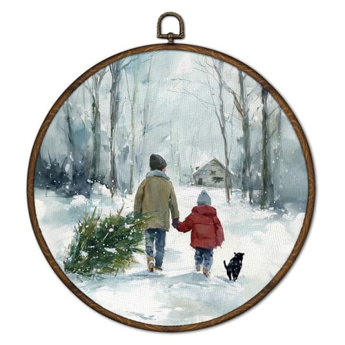 Winter Farmhouse Snow Scene Wall Art Decor - 10x10 Inch Round Canvas Frame - Kid Variation