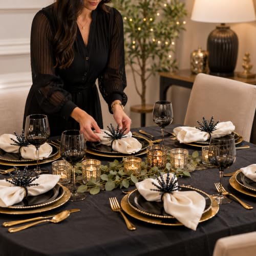 Beaded Napkin Rings Set of 12 - Black Glass and Metal Dining Accessories