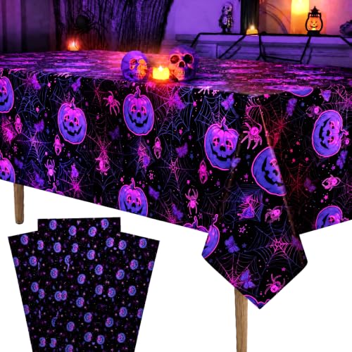 Glow in the Dark Halloween Plastic Tablecloth Set - 52x87 Inches, Iridescent Spiderweb & Pumpkin Design, Waterproof Party Decor for Indoor Outdoor Events