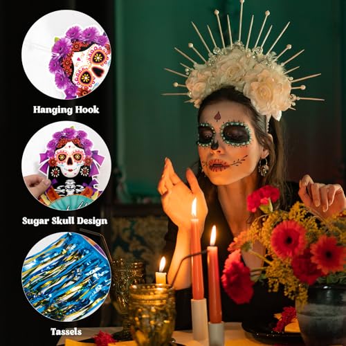 Day of the Dead Hanging Decorations - 6 Pieces, Colorful Skull & Tassel Set