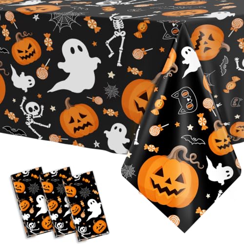 Halloween Disposable Plastic Tablecloth 54x108 Inch - 3 Pack for Indoor Outdoor Parties - Black Pumpkin Skeleton Design - Variation: Halloween