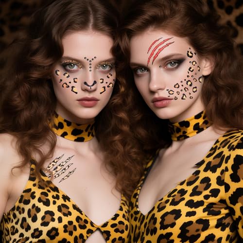 Halloween Leopard Face Paint Tattoos & Black Face Gems - Variation of Leopard Face Tattoos