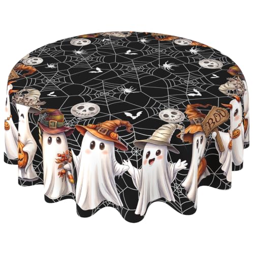 Halloween Ghost Black Round Tablecloth 90 Inch - Spooky Spider Web Fabric, Washable & Stain-Resistant