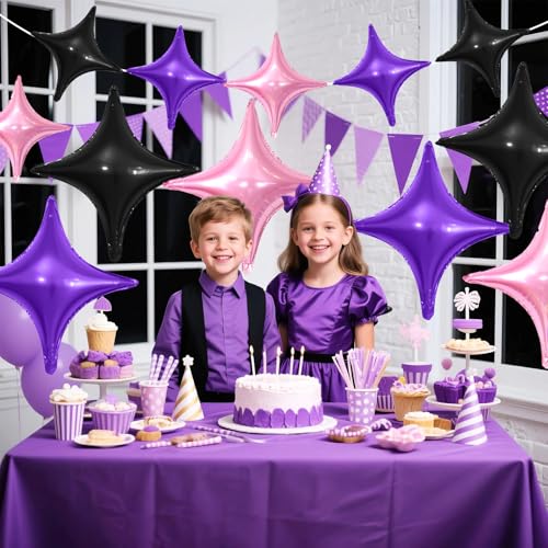 Black Purple Pink Star Balloons Set - 12 Pcs Foil Party Decorations with Variations