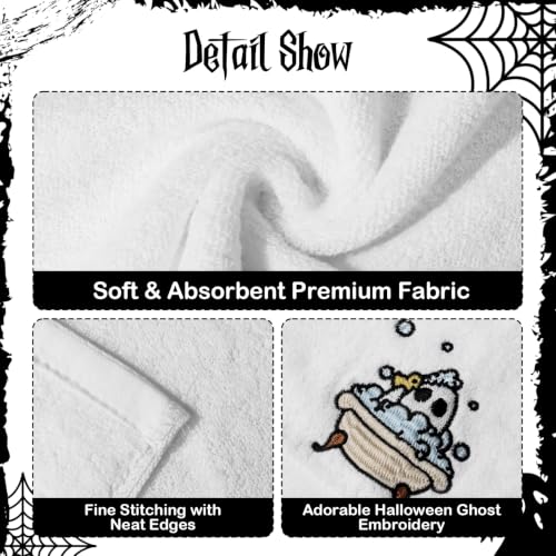 Halloween Hand Towels Set of 2 – Ghost Embroidered Cotton Bathroom and Kitchen Decor – Gray and White, Medium Variation