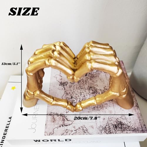 Gold Skeleton Hands Heart Gesture Statue - Love Sculpture Decor for Shelf or Desk