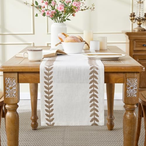 Taupe Linen Embroidered Table Runner 13x108 Inches - Elegant Dining Decor