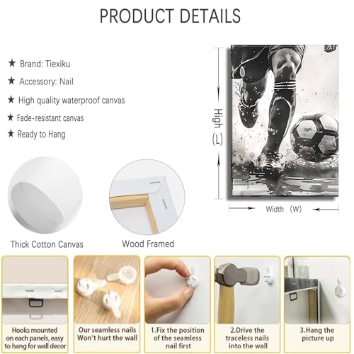 Soccer Canvas Wall Art 16x12 Inches - Black & White Football Decor for Sports Enthusiasts - Variation: Canvas Sports