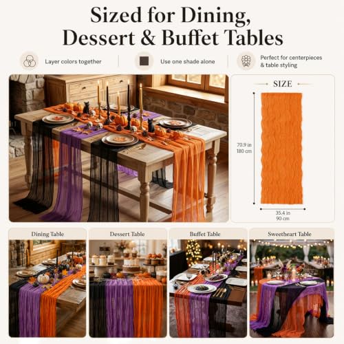 Purple Black Orange Halloween Cheesecloth Table Runners - 12 Pack for Party & Fall Decor