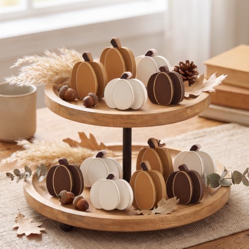 Brown Fall Wooden Pumpkin Decor Set - Rustic Neutral Harvest Table Centerpieces - 18 Pcs