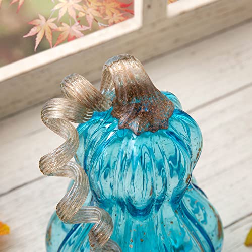 Hand Blown Glass Pumpkin Decor - 8.5-Inch Blue Fall Centerpiece for Thanksgiving & Halloween