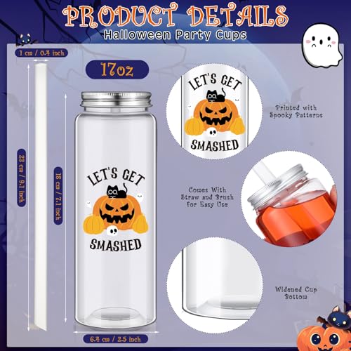 Halloween Plastic Cups with Lids & Straws - 16.9 oz Pumpkin Design, Pack of 24